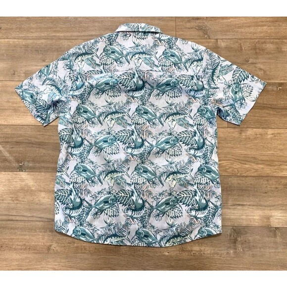 Simms Tailout Mens M Button Up Short Sleeve Fish Print Fishing Hawaiian Shirt - Picture 7 of 8